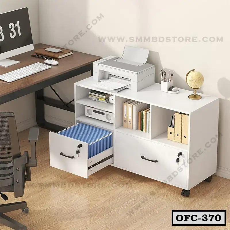 Modern white office file cabinet with drawers, shelves, and lock on wheels in workspace