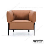 Modern brown office sofa chair with cushioned arms and black metal legs, isolated on white