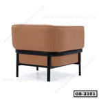 Modern brown office sofa with black metal frame, corner design, ideal for workspace seating
