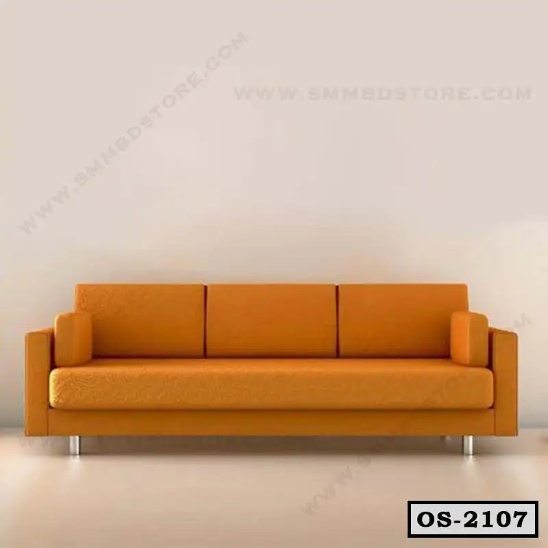 Modern orange office sofa with metal legs against a plain wall, ideal for workspace seating