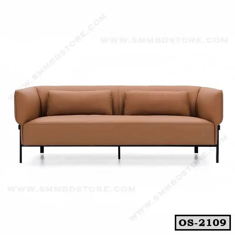 Modern brown office sofa with two cushions and black metal legs, ideal for workspace seating