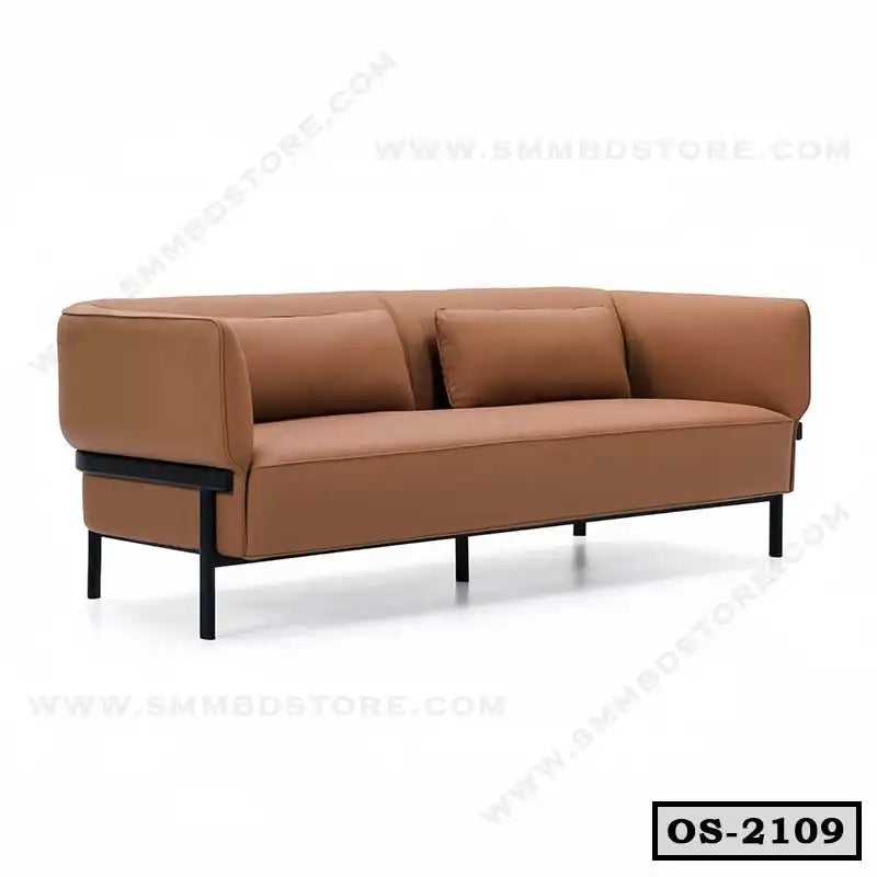Modern brown office sofa with metal legs and two cushions, minimalist design Main image