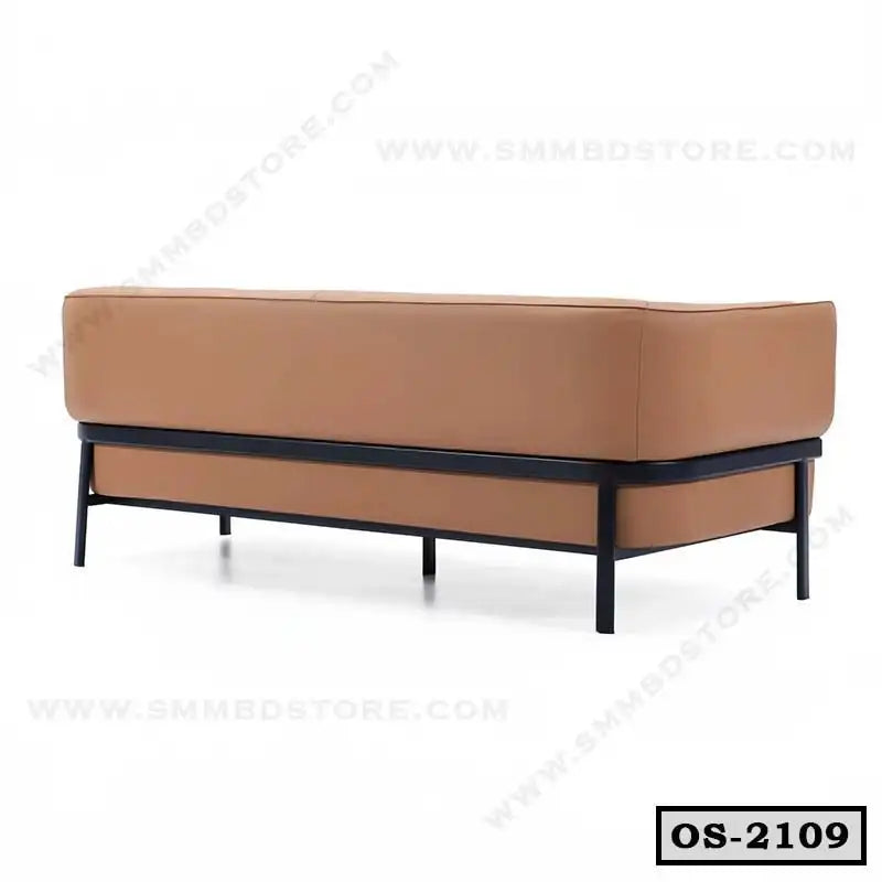 Modern brown office sofa with black metal legs, minimalist design, suitable for office spaces