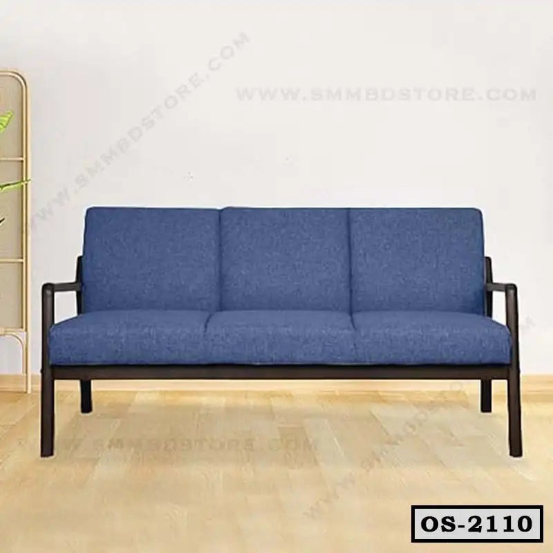 Modern three-seater blue office sofa with black metal frame in a bright room Main image
