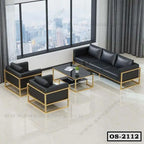 Modern black leather office sofa set with gold metal frame, glass coffee table, city view window