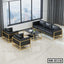 Modern black leather office sofa set with gold metal frame, glass coffee table, city view window