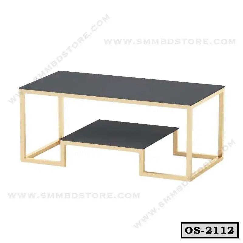 Modern office coffee table with black tabletop and gold metal frame, minimalist design