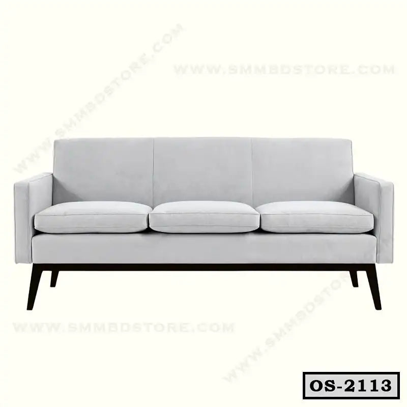 Modern light grey office sofa with three seats and wooden legs, minimalist design