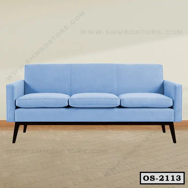 Modern light blue office sofa with three seat cushions and black legs on a wooden floor. Main image