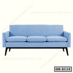 Modern light blue office sofa with three seat cushions and black legs, ideal for workspace