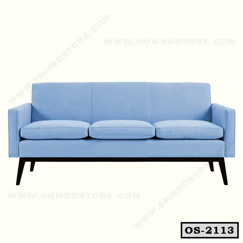 Modern light blue office sofa with three seat cushions and black legs, ideal for workspace