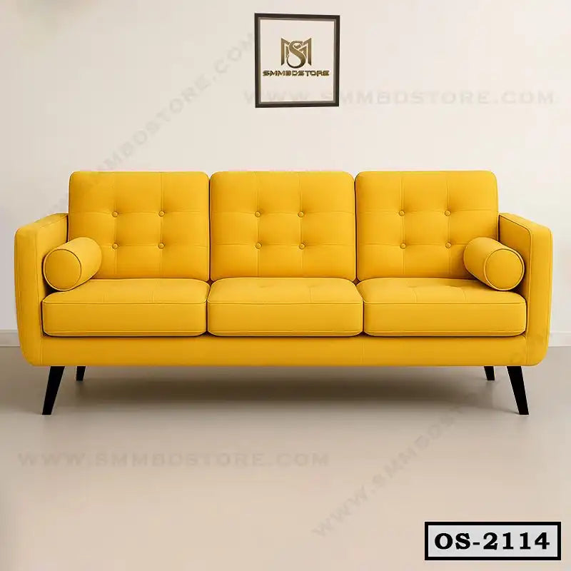 Modern yellow office sofa with tufted backrest and bolster pillows on black legs Main image