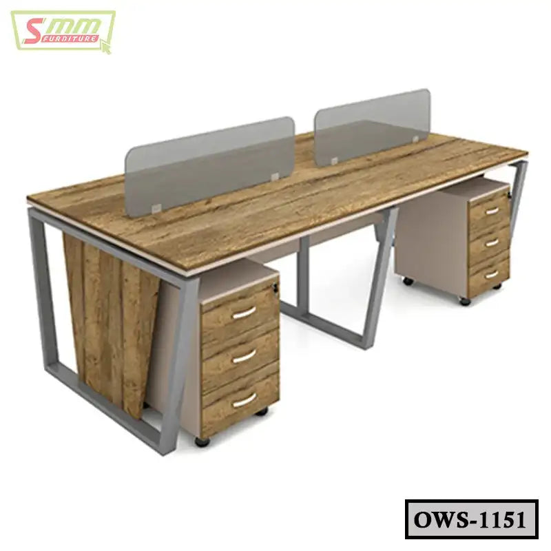 Modern wooden office workstation desk with metal frame, drawer cabinets, and glass dividers.