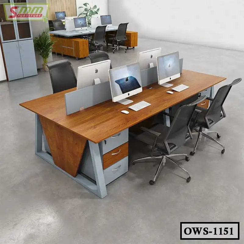 Modern office workstation desk with chairs, computers, drawers, and partition in open workspace Main image