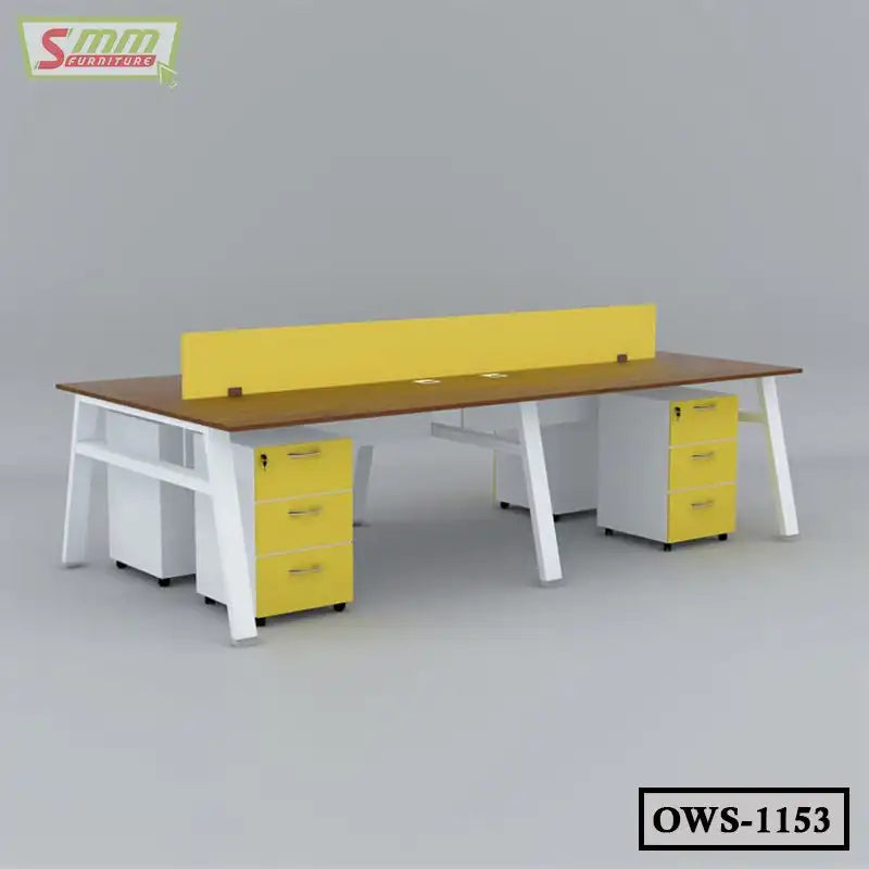 Modern double office workstation desk with yellow drawers, partition, and white frame