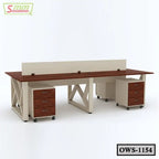 Modern office workstation with wood top, cream frame, drawer units, and privacy panel