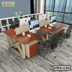 Modern office workstation with four chairs, computers, wood desk, and city view windows