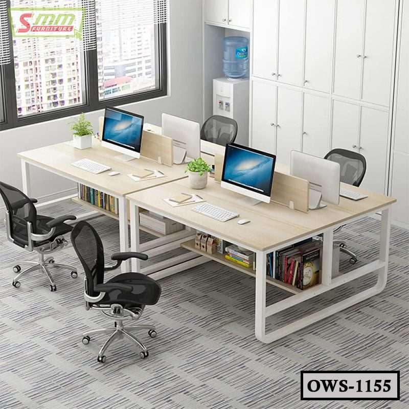 Modern office workstation desk set with computers, chairs, and storage shelves in a bright workspace Main image