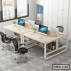 Modern office workstation desk set with computers, chairs, and storage shelves in a bright workspace