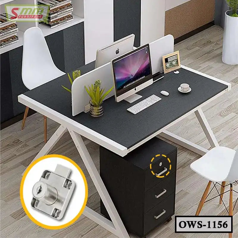 Modern office workstation desk with partition, lockable drawers, and computers, model OWS-1156