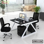 Modern office workstation with dual black mesh chairs, computer monitors, drawers, and city view