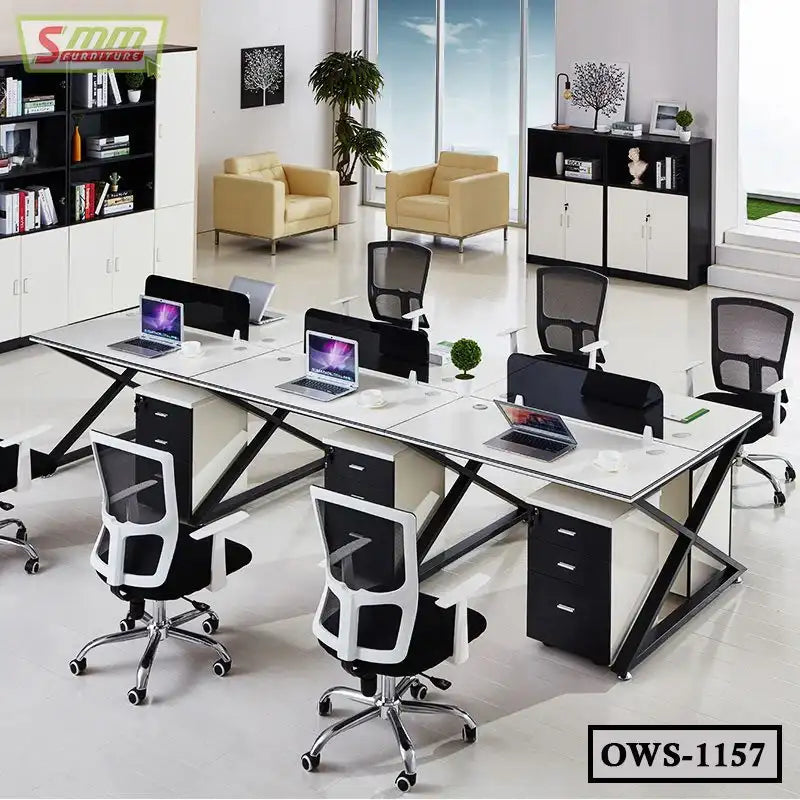 Modern office workstation setup with ergonomic chairs, computers, and sleek desks Main image