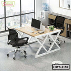 Modern office workstation with two ergonomic mesh chairs, wooden desk, and computers by large window