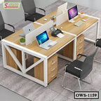 Modern office workstation desk for four with chairs, computers, drawers, and wood accents.