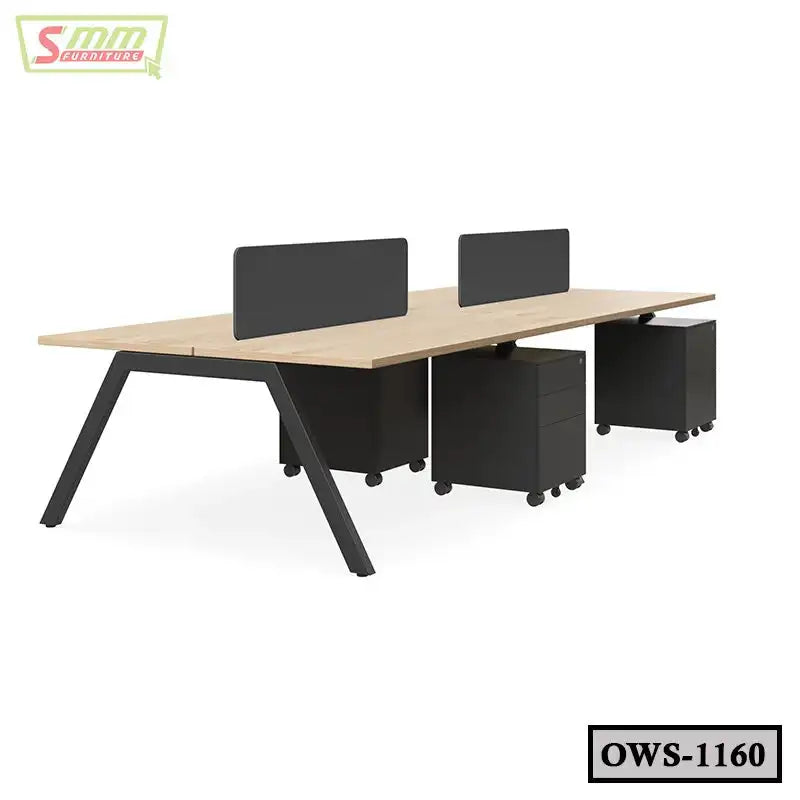 Modern office workstation desk with black metal legs, wood tabletop, dividers, and storage drawers Main image