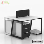 Modern office workstation desk with divider, drawers, and sleek black-white design