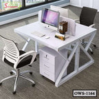 Modern white office workstation desk with two chairs, computers, and storage cabinet