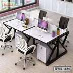 Modern office workstation with four chairs, white desks, computers, and drawer units