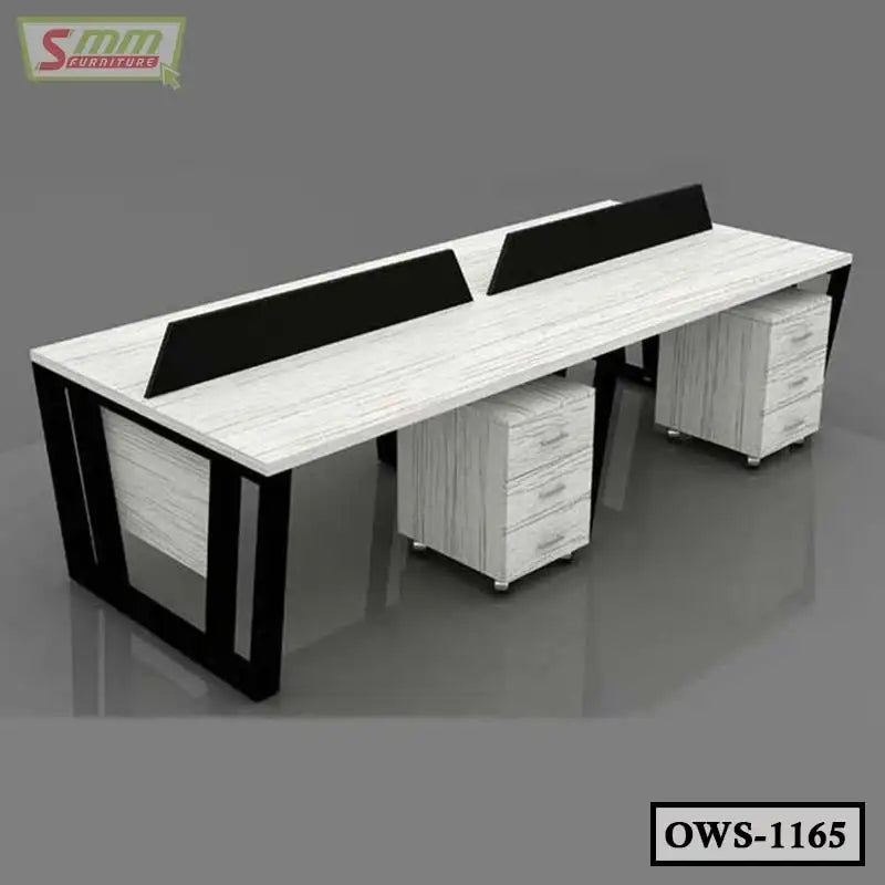 Modern office workstation desk with drawers, black and white finish, dual seating design Main image