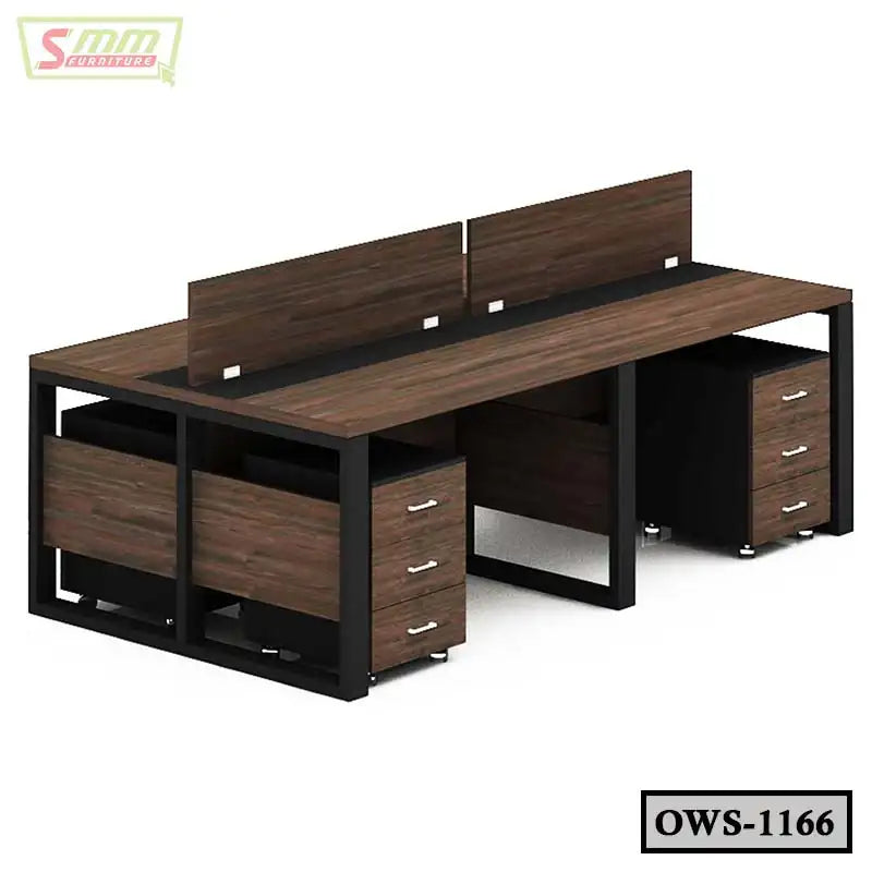 Modern office workstation with dark wood finish, divider panels, and storage drawers Main image