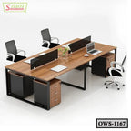 Modern office workstation desk with four ergonomic chairs and partition panels