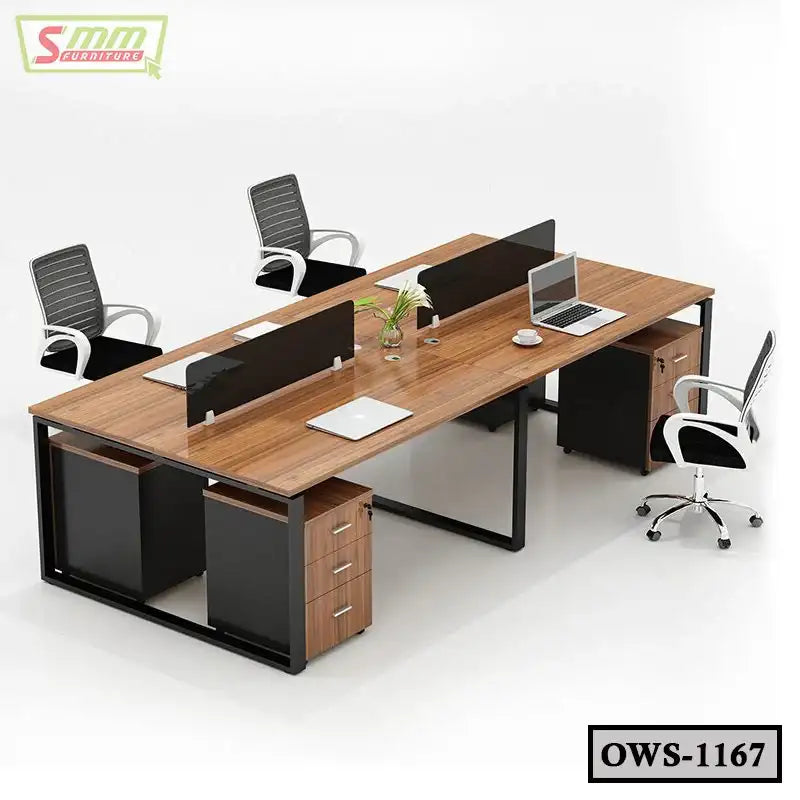 Modern office workstation desk with four ergonomic chairs and partition panels