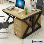 Modern office workstation desk with computer, drawers, and chair on tiled floor