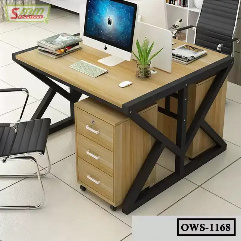 Modern office workstation desk with computer, drawers, and chair on tiled floor