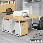 Modern office workstation desk with storage, divider, and black mesh chair in workspace