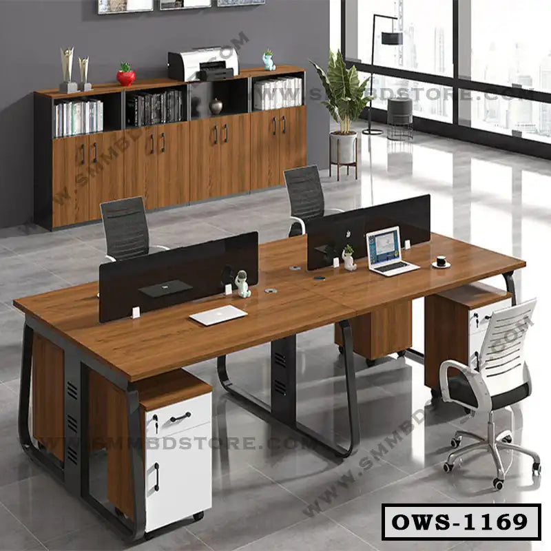 Modern office workstation with wooden desks, office chairs, storage cabinets, and large windows