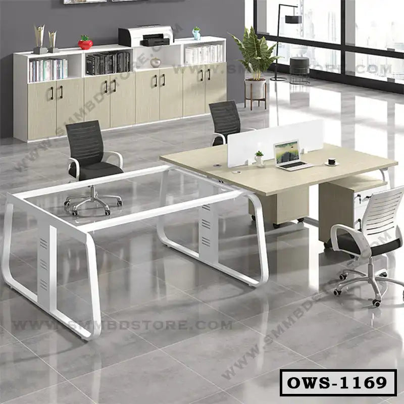 Modern office workstation set with glass desk, ergonomic chairs, storage cabinets, and natural light