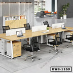 Modern office workstation desk with divider panels and black mesh chairs in open workspace