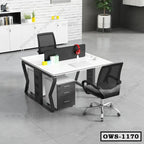 Modern office workstation with dual desks, mesh chairs, drawers, and minimalist decor
