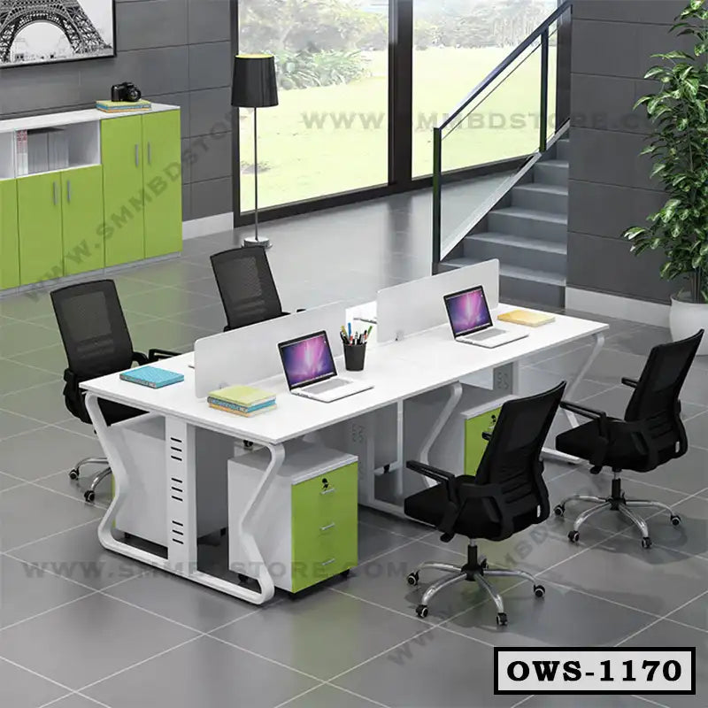 Modern office workstation with four black mesh chairs, white desk, and green storage cabinets