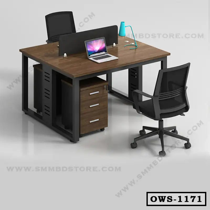 Modern office workstation with two desks, divider, rolling chairs, and storage drawers
