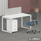 Modern white office workstation desk with three-drawer cabinet, divider, and ergonomic chair