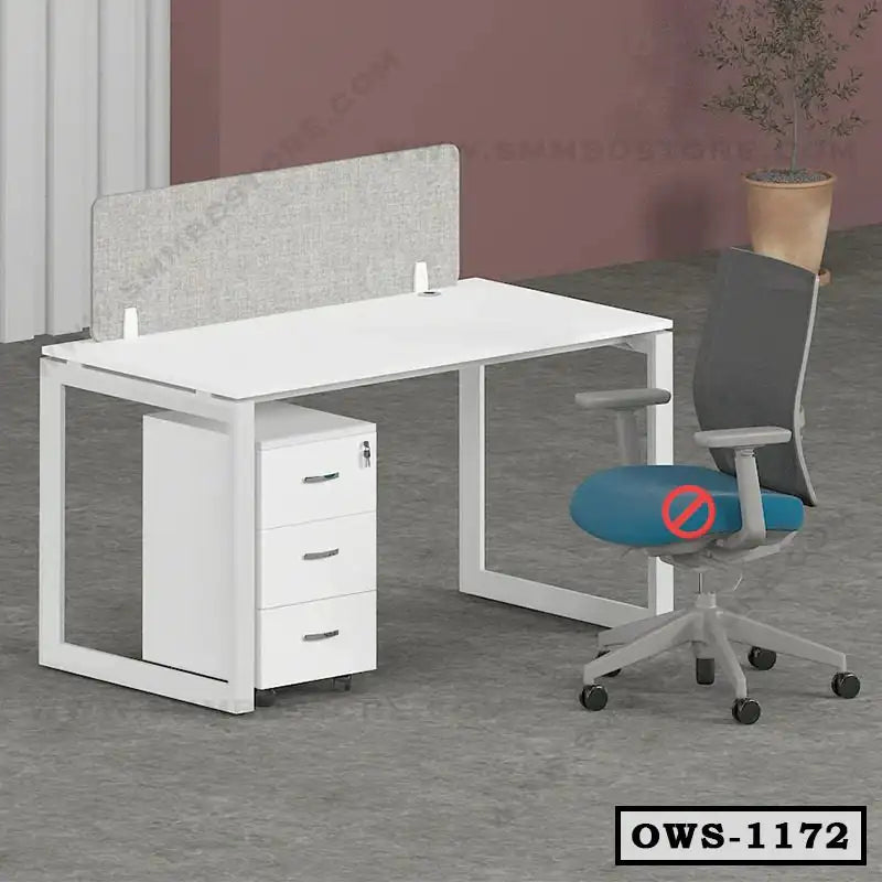 Modern white office workstation desk with three-drawer cabinet, divider, and ergonomic chair
