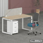Modern office workstation with wood desk, partition, drawers, and ergonomic chair on wheels