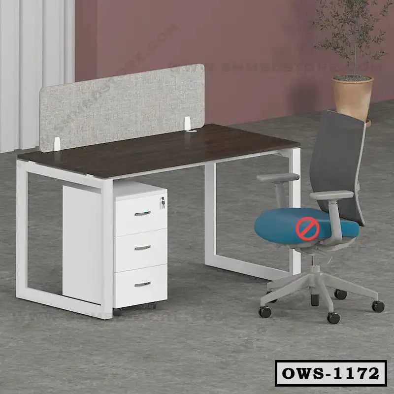Modern office workstation with dark wood desk, white drawers, privacy panel, and ergonomic office chair.