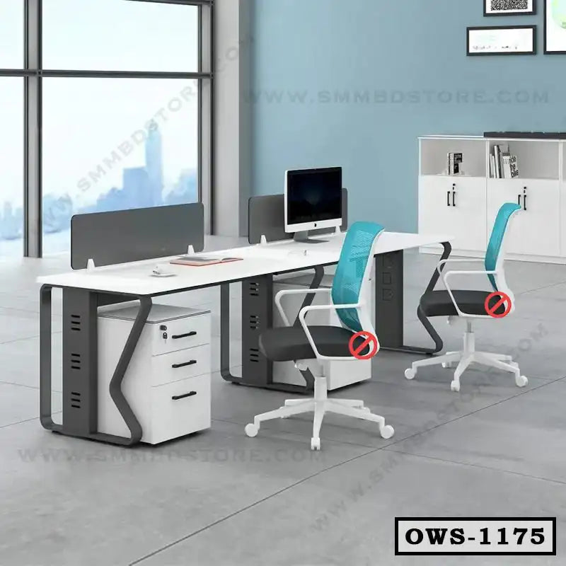 Modern office workstation with two desks, ergonomic chairs, storage drawers, and computer setup Main image